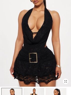 Black Lace Halter Mini Dress with Belt